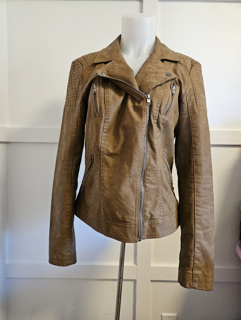 Tan Women's Moto Jacket - Leather-Look Biker Coat